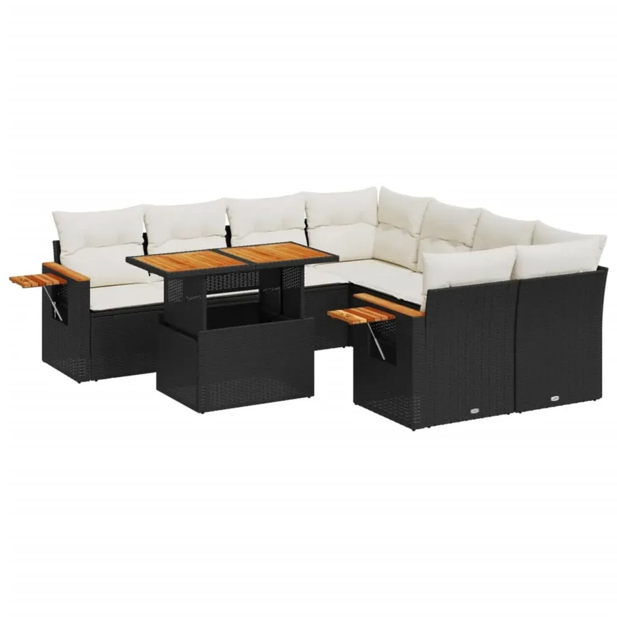 vidaXL 9-tlg. Garten-Sofagarnitur in L-Form aus schwarzem Poly-Rattan mit Kissen und pulverbeschichtetem Stahlrahmen - Bild 2