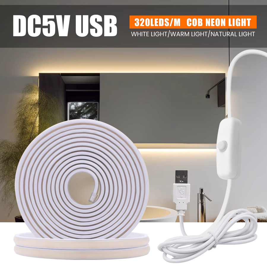 HEGEHE COB Neonlicht Flexibles LED Dekorband mit EIN/AUS-Schalter, Weiß, IP65 Wasserdicht, DC 5V USB-Anschluss, 1 Meter Länge - Bild 4