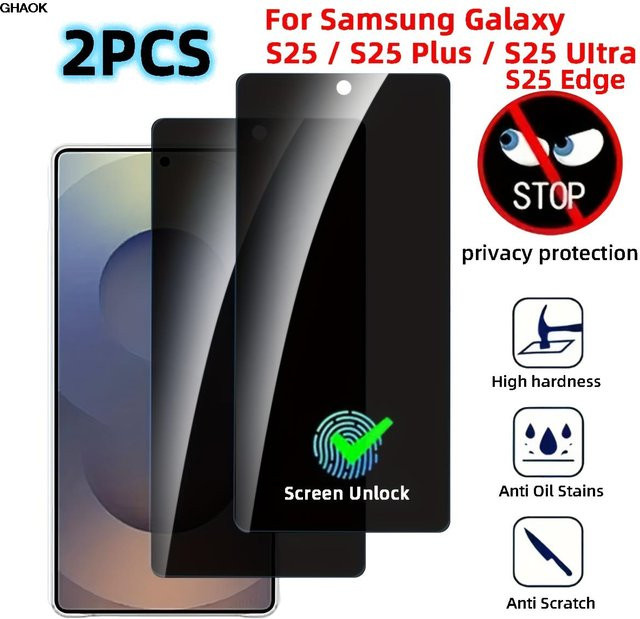2 Stück Sichtschutzfolie aus gehärtetem Glas für Samsung Galaxy S26 S25 S24 Plus S25 Ultra S25 Edge mit Fingerabdruck-Entsperrung, transparent - Bild 1