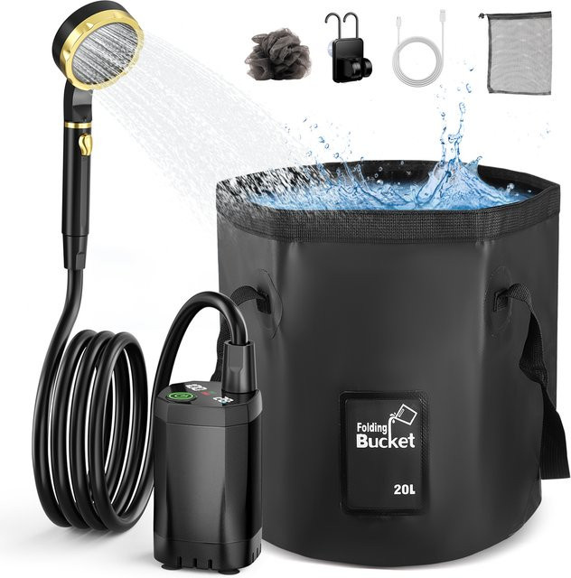 Rbefeuly Tragbare Campingdusche mit 6000 mAh Akku und 20 l Kapazität in Schwarz für Outdoor, Reisen und Autowäsche - Bild 1