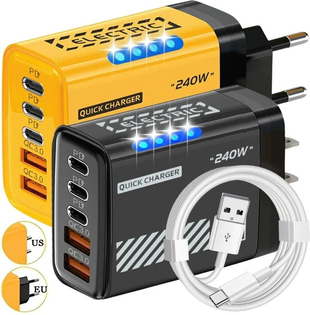 240W GaN Schnellladegerät mit 5 Ports, QC3.0 und PD, inklusive LED-Licht, passend für iPhone, Samsung, Huawei und Xiaomi (US/EU-Stecker) - Bild 1