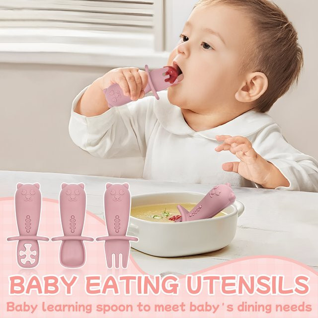 3-teiliges Silikon-Babylöffel-Set in Pink mit kurzem Griff zur Selbsternährung und Anti-Erstickungs-Design - Bild 1