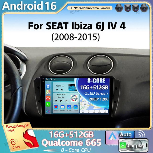 RSNAVI Android 16 QLED Multimedia Autoradio mit GPS, CarPlay und AI Sprachsteuerung für SEAT Ibiza 6J IV 4 (2008 - 2015), Schwarz - Bild 1