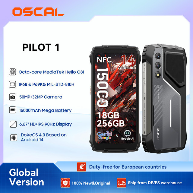 OSCAL Pilot 1 Outdoor-Smartphone in Schwarz mit 6,67 Zoll Display, Android 14, 8 GB RAM, 256 GB Speicher, 15000 mAh Akku und Dual 4G - Bild 1