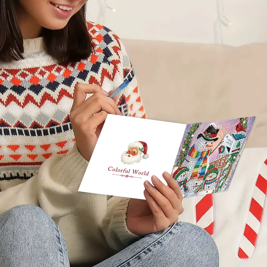 6 Weihnachtskarten mit Rautenmuster und DIY-Schneemannmotiven aus Papier, Mehrfarbig - Bild 3