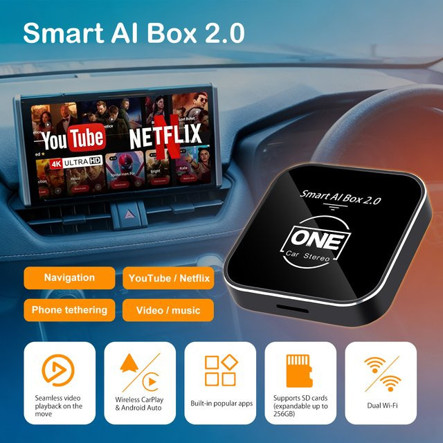 OneCarStereo 3-in-1 Smart AI Box 2.0 Kabelloser Android Auto Adapter mit YouTube und Netflix in Schwarz, erweiterbar auf 256GB - Bild 1