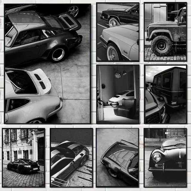 Modernes Leinwandgemälde mit Auto-Motiv in Schwarz-Weiß, rahmenlose abstrakte Kunst für deine Wanddekoration - Bild 1