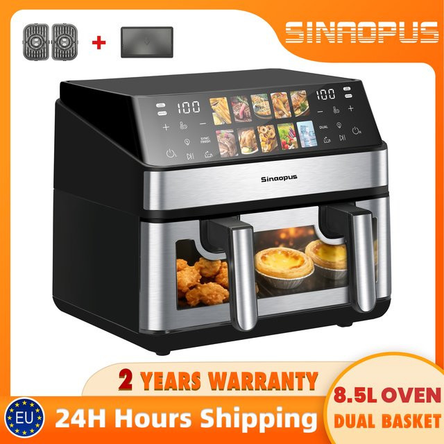 Sinaopus Heißluftfritteuse mit 8,5 Litern Volumen, 2000W, Dual Zone mit zwei Körben, LED-Touch-Display und Sichtfenster, Schwarz - Bild 1