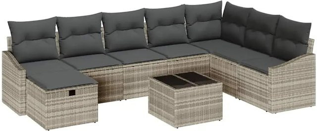 vidaXL Garten-Sofa-Set aus Polyrattan in Hellgrau mit 9 Teilen, inklusive Kissen, Ottomane und Couchtisch - Bild 1