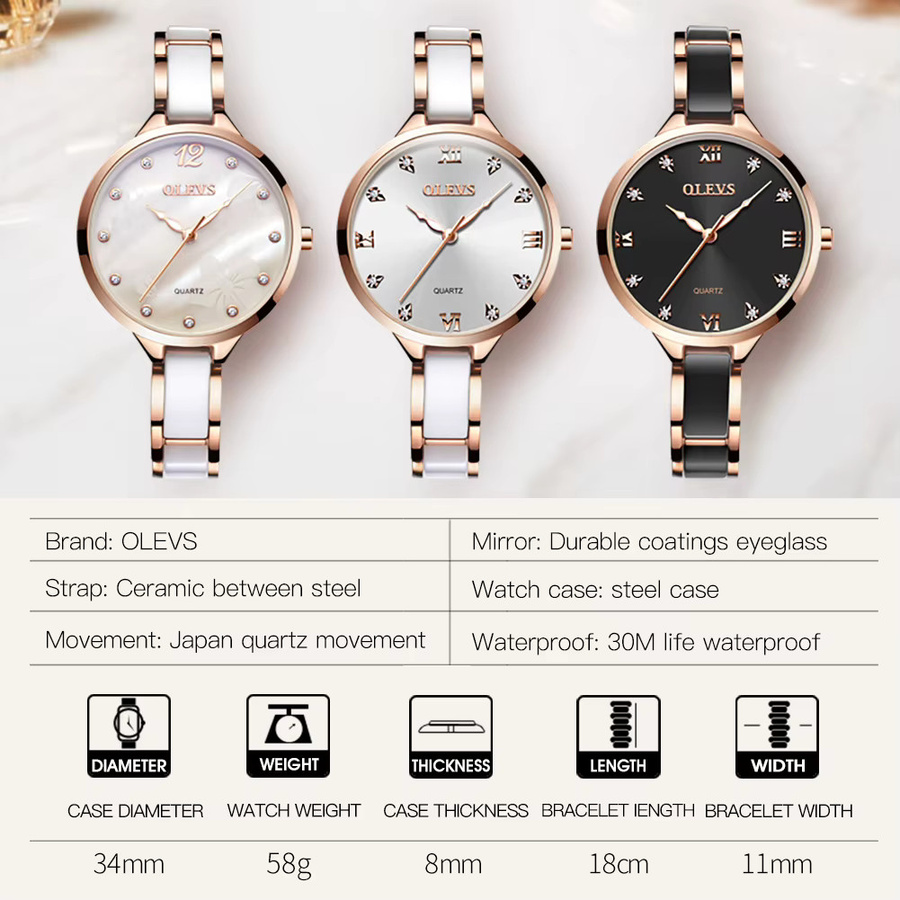 OLEVS Armbanduhr, Quarz, Keramik, Edelstahl, Weiß, Damen - Bild 5