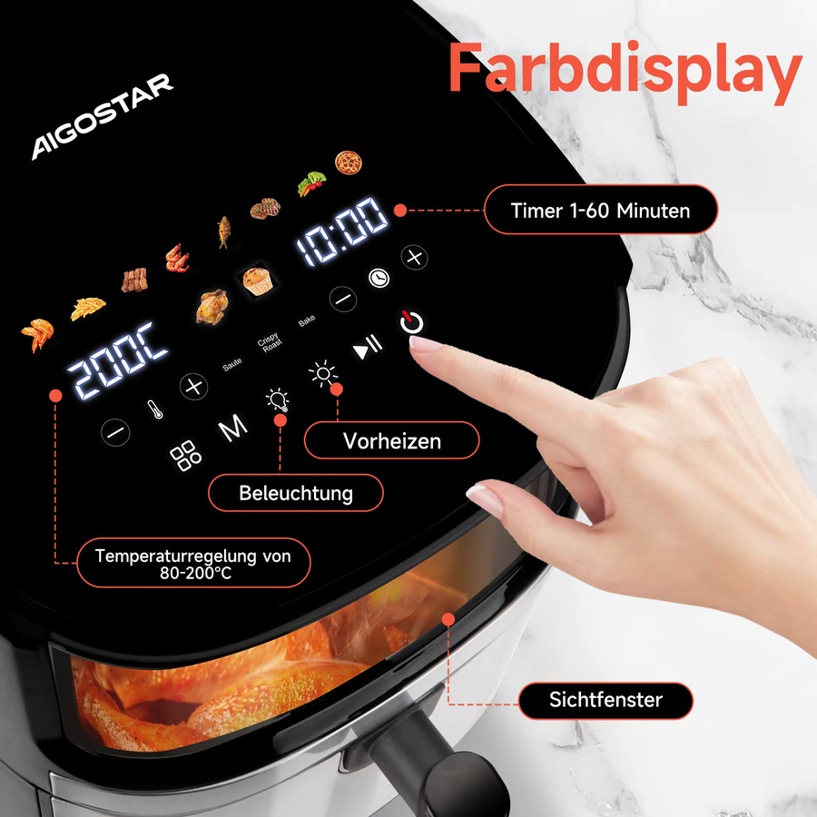 Aigostar Dual Blaze Heißluftfritteuse XXL 8L in Schwarz mit Sichtfenster, 2000W, 10 Programmen und digitalem LED Touchscreen - Bild 2