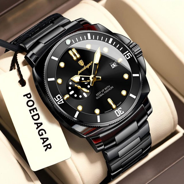 POEDAGAR Armbanduhr Edelstahl, Quarz, Silber, Herren, Datum - Bild 1