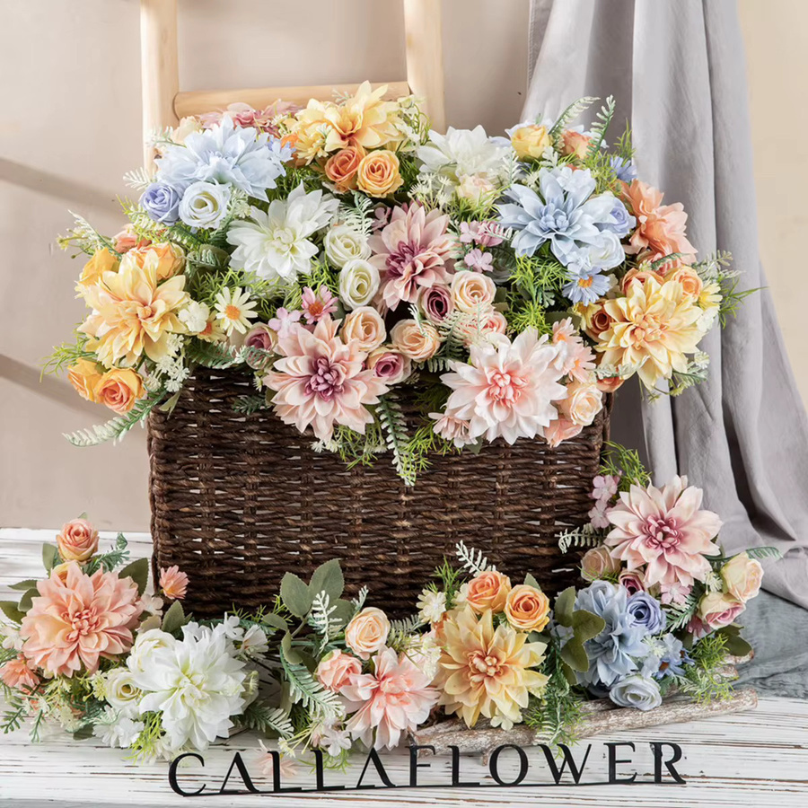 Künstliche Blumen Kombination aus Dahlien und kleinen Rosen in Gelb und Multicolour für Hochzeit, Dekoration und Fotografie-Requisiten - Bild 2