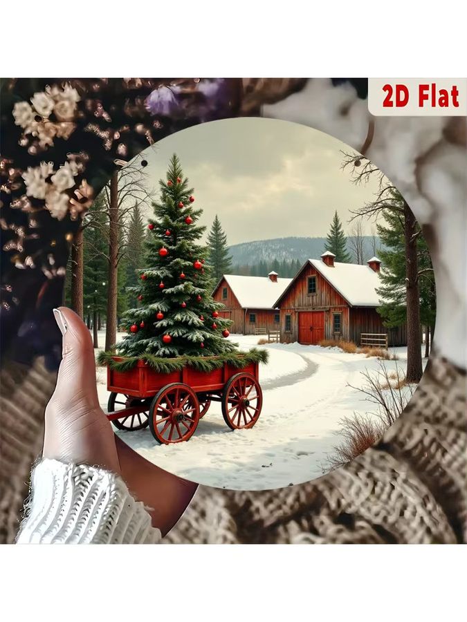 Potdemiel Vintage Metallwandkunst Aluminiumschild Rund Weihnachtsbaum im roten Wagen mit verschneiter Winterszene - Bild 6