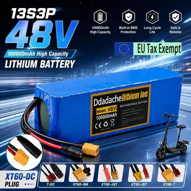 Ddadache 48V 100Ah 13S3P 18650 Li-Ionen-Akku mit integriertem BMS und 54,6V Ladegerät in Blau für Elektroroller - Bild 1