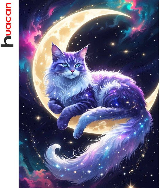 Huacan Diamantgemälde Katze und Mond Diamantmosaik Set Multicolor B: 30,0 cm, H: 20,0 cm - Bild 1