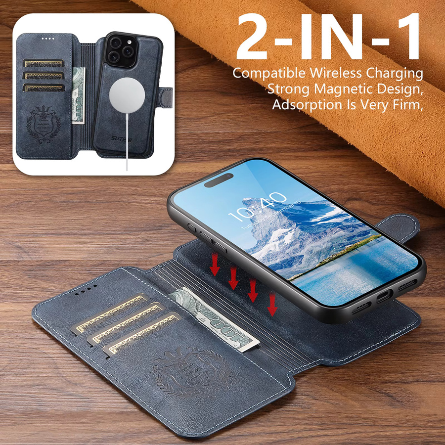Suteni Magnetische Flip-Hülle aus Kunstleder mit Kartenhalter und kabellosem Laden für iPhone 17 Pro Max 16 Plus 15 14 13 12 in Blau - Bild 3