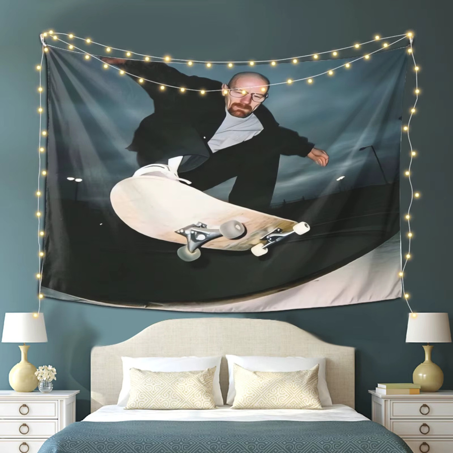 VIKAMA Wandteppich im Retro-Skateboard-Design, weiß und mehrfarbig, abstrakte Fotografie als Wanddekoration für dein Wohnzimmer oder Sofa - Bild 2