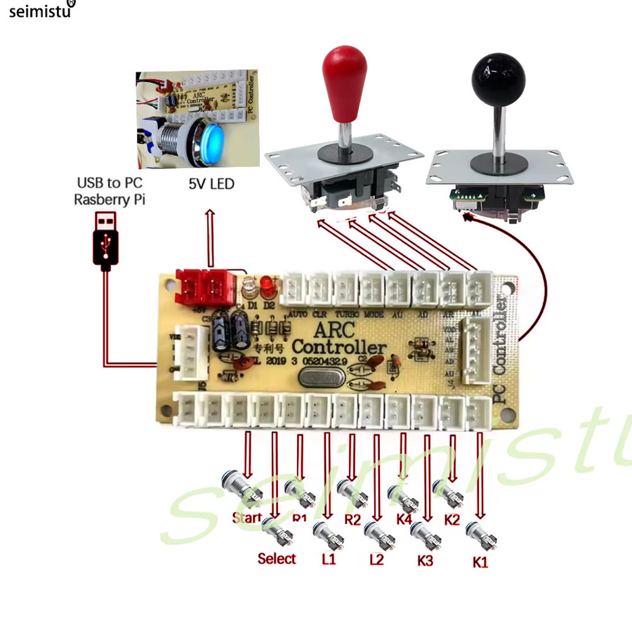 Seimistu DIY-Arcade-Spiel-Set für 2 Spieler mit Druckknopf-Joysticks im amerikanischen Stil, USB-Encoder-Kabel, grün/mehrfarbig, kompatibel mit PC und Raspberry Pi - Bild 4