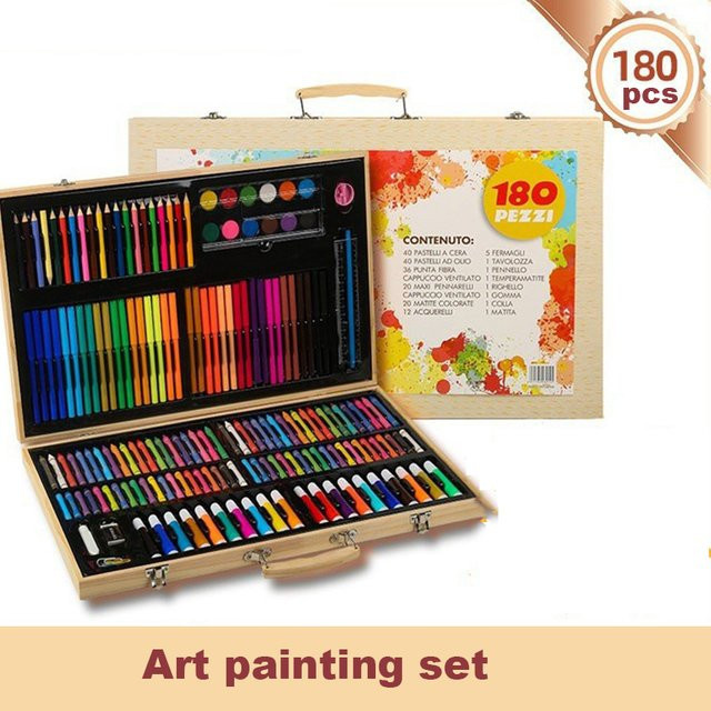 DIY Malerei Kunst Geschenkbox Set aus Holz mit Pinseln, Aquarellstiften und Buntstiften, 180-teilig, Mehrfarbig - Bild 1