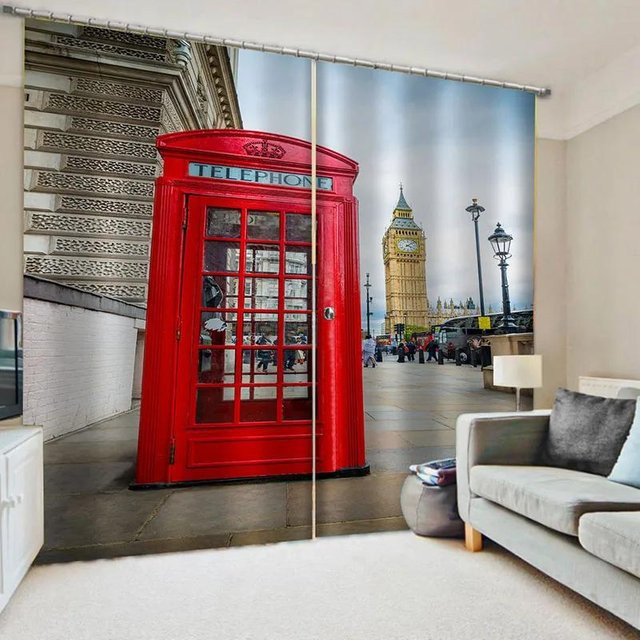Moderne London Vorhänge mit Retro Telefonzellen-Print, 2er-Set, halbtransparent, Mehrfarbig, Breite: 75 cm, Höhe: 166 cm - Bild 1