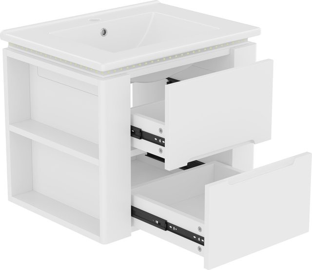 Aosom Badezimmerschrank Wandmontage in Weiß mit LED-Radarsensor-Beleuchtung, 2 geräuschlosen Schubladen und seitlichen Ablagen, B/T/H: 61 x 46 x 50 cm - Bild 1