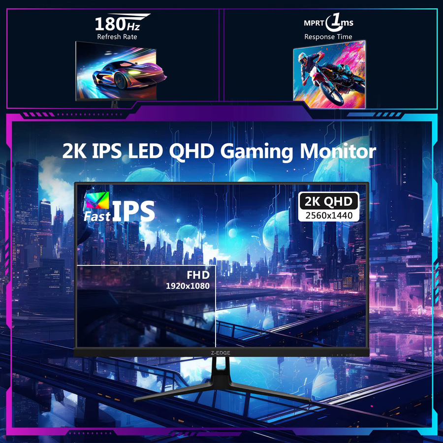 Z-EDGE 27-Zoll Gaming-Monitor mit 180Hz, 2K QHD Auflösung, Fast IPS Panel, 1ms MPRT, HDR10 und FreeSync in Schwarz - Bild 3