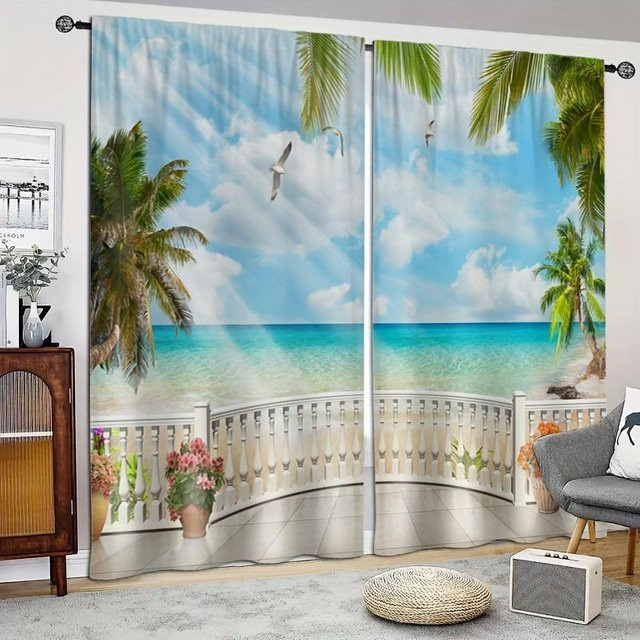 2er-Set Dekorative Vorhänge mit Palmen- und Strandmotiv in Blau, 3D-Digitaldruck, B/H: 50 x 130 cm - Bild 1