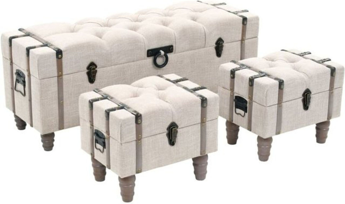 3-teiliges Aufbewahrungsbank-Set von Vidaxl aus Massivholz und Stahl in Beige und Weiß, B/T/H: 112 x 37 x 45 cm - Bild 1