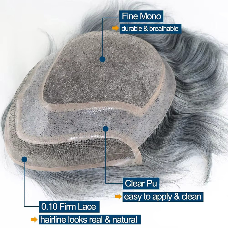 Graue Herrenhaar-Kapillarprothese, 100 % Echthaar-Toupet, gewellt - Bild 2