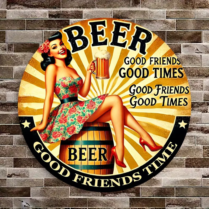 Retro Beer Lady Aluminiumschild von Potdemiel in Schwarz, runde Wandkunst mit Foliengravur, Durchmesser: 20,3 cm - Bild 4