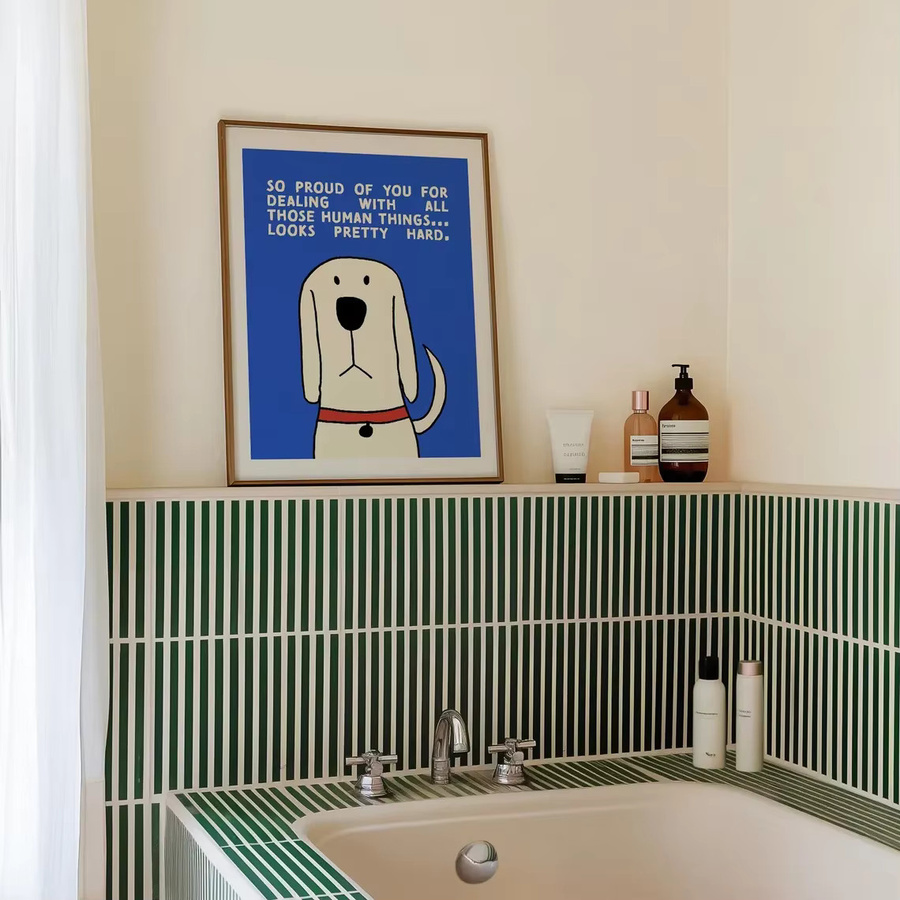 Moderne abstrakte Wandkunst mit Hundemotiv von SHENCHEN in Beige und Blau - Bild 3