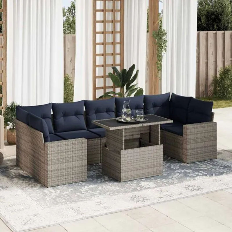 8-tlg. Garten-Sofagarnitur aus Poly-Rattan und Akazie in Grau mit Kissen von vidaxl - Bild 1