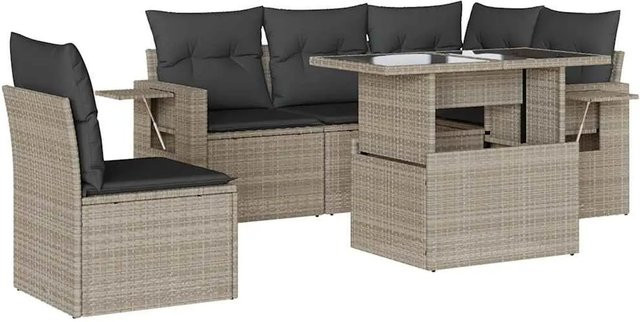 vidaXL 6-teilige Garten-Sofagarnitur in L-Form aus Poly-Rattan in Hellgrau mit UV-beständigen Kissen und pulverbeschichtetem Stahlgestell - Bild 1