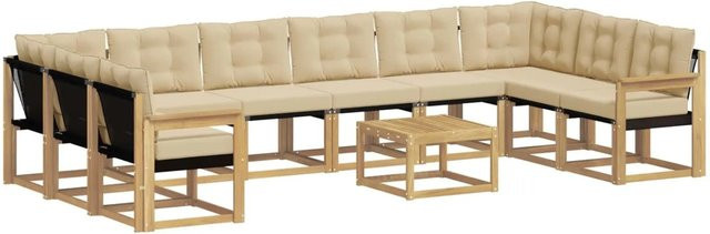 vidaXL Outdoor-Sofagarnitur aus massivem Akazienholz mit 11-teiligem Set, Textilene und Kissen in Weiß und Beige - Bild 1