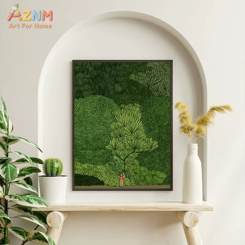 AZNM Abstrakte Leinwand-Wandkunst Waldwanderer in Grün, minimalistischer botanischer Naturdruck als moderne Landschaftsdarstellung - Bild 4