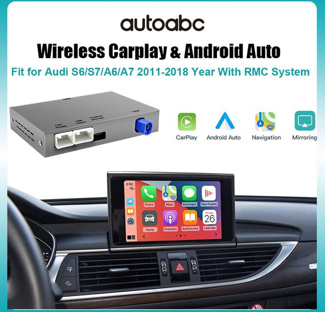 AUTOABC Kabelloses CarPlay und Android Auto Interface für Audi A6 A7 2012-2018 mit Mirror Link, AirPlay, Navigationsfunktionen und Rückfahrkamera, Schwarz - Bild 1