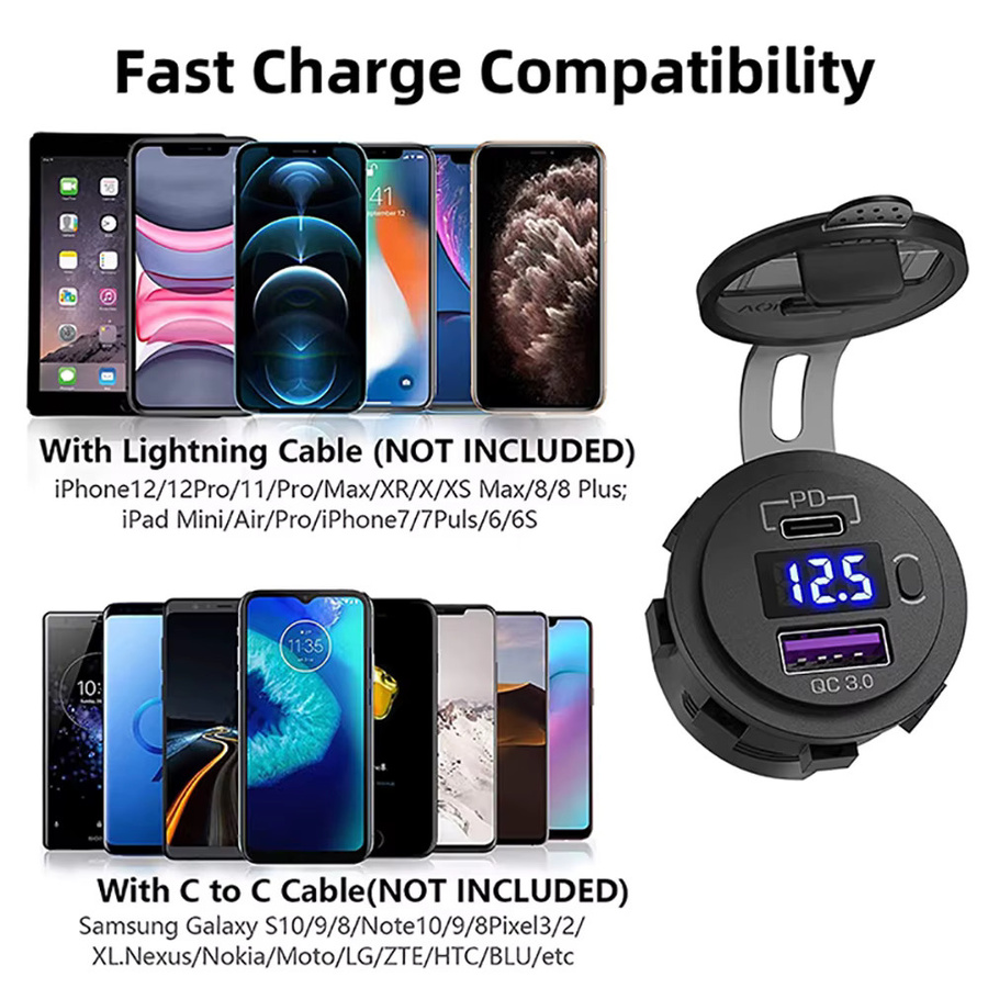 EARU USB C Auto Ladegerät 12V/24V mit Dual USB-Buchse PD 3.0 und QC 3.0, LED-Voltmeter und Ein/Aus-Schalter, Schwarz - Bild 5