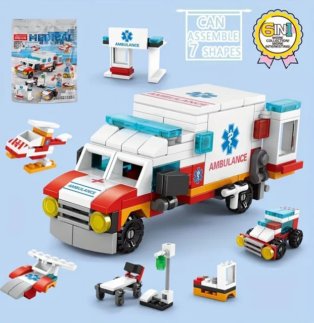 6 in 1 Krankenwagen Escort Auto Hubschrauber Rettungssanitäter Arzt Mini Loader Lkw Bausteine Set, 122 Teile - Bild 1