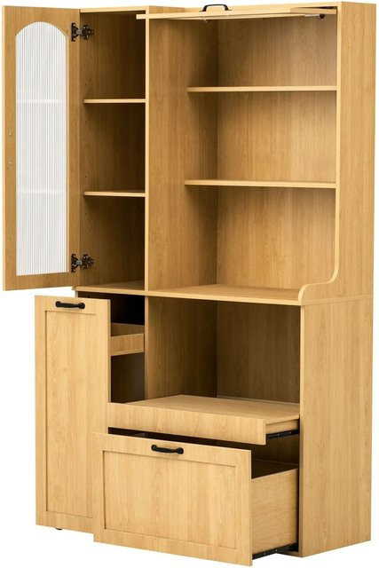okwish Highboard Natur mit Riffelglas-Türen und verstellbaren Böden B/T/H: 98 x 40 x 177 cm - Bild 1