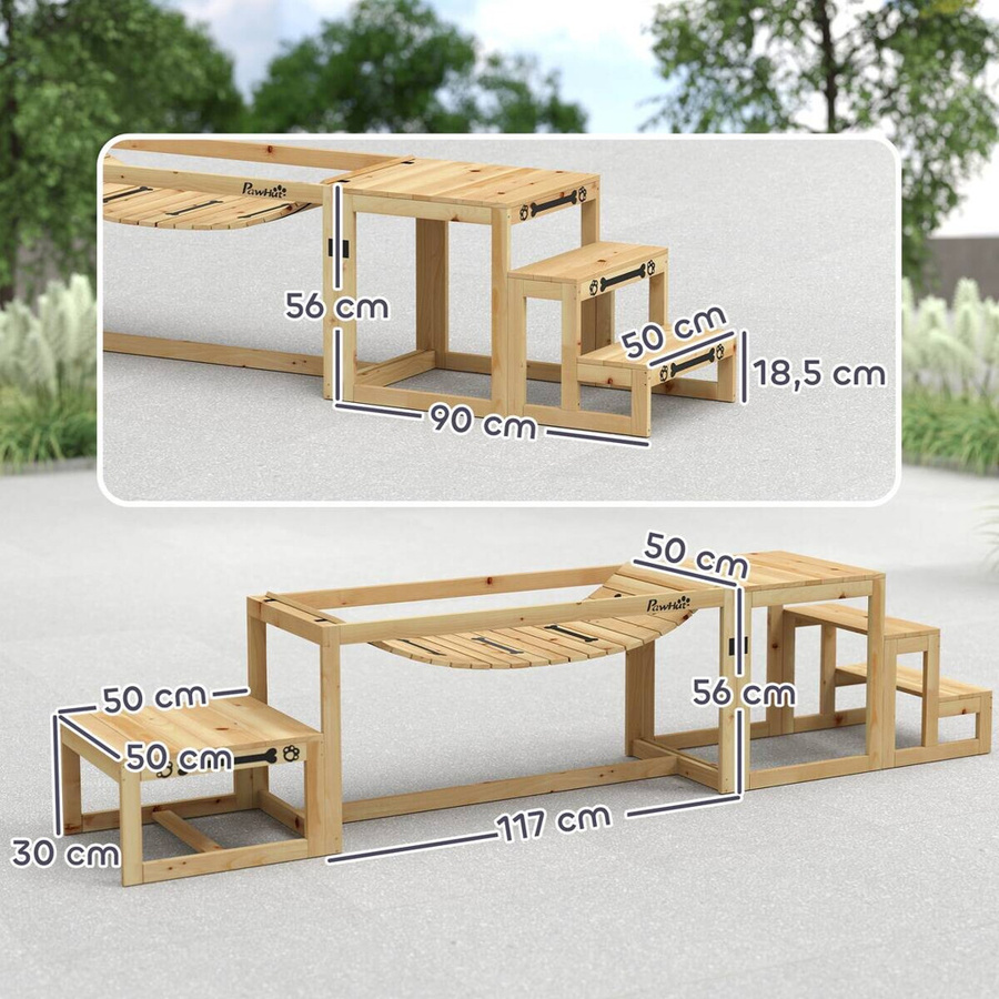 PawHut Hunde Agility Set aus Tannenholz in Braun, 4er-Set Hundetraining mit Brücke, Treppe und Plattform, B/H/L: 50 x 56 x 120 cm - Bild 3
