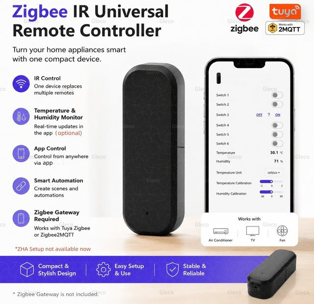 Tuya Zigbee Smart Home Controller mit IR-Fernbedienung, Temperatur- und Feuchtigkeitssensor in Schwarz für 2MQTT und Tuya Gateway - Bild 1