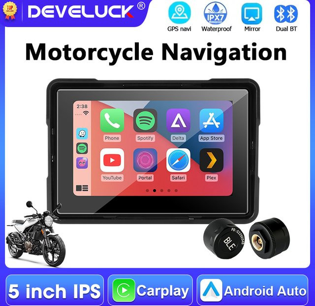Develuck Tragbares 5-Zoll-Motorrad-GPS-Navigationsgerät mit Bluetooth, Wireless CarPlay und Android Auto, IPX7 Wasserdichtes Display, Schwarz - Bild 1