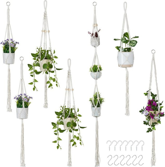 Relaxdays 7er Set Blumenampeln im Boho-Stil aus Baumwolle, Metall und Holz in Creme Natur mit Haken, Höhe: 155 cm - Bild 1