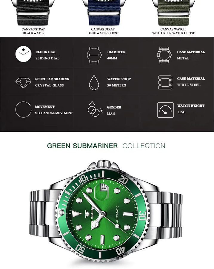 FNGEEN Herrenuhr Automatik, Edelstahl, Schwarz, Diamant, Datum - Bild 2