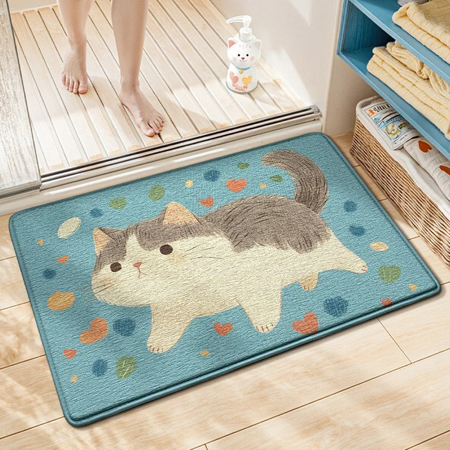 VIKAMA Fußmatte mit Cartoon-Kätzchen Motiv in Blau, geräuschreduzierend und bequem, B/T: 60 x 40 cm - Bild 1