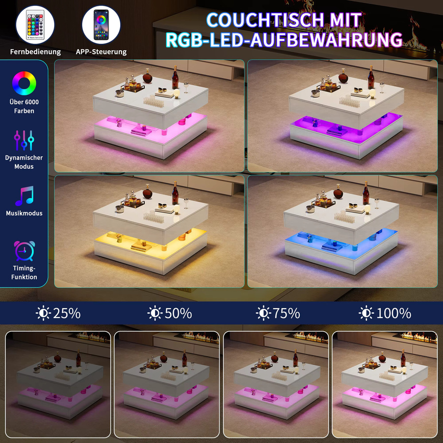 Anajqaqia Ausziehbarer LED-Couchtisch mit 2 Schubladen in Hochglanz-Optik, B/T/H: 78 x 78 x 43 cm - Bild 3