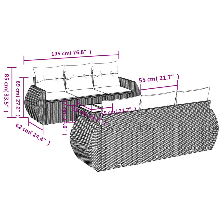 vidaXL 7-tlg. Garten-Sofagarnitur L-Form aus Polyrattan in Braun mit Kissen und Armlehnen - Bild 3