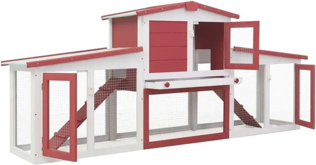 vidaXL Großer Kaninchenstall aus lackiertem Tannenholz in Rot und Weiß, B/T/H: 204 x 45 x 85 cm - Bild 1