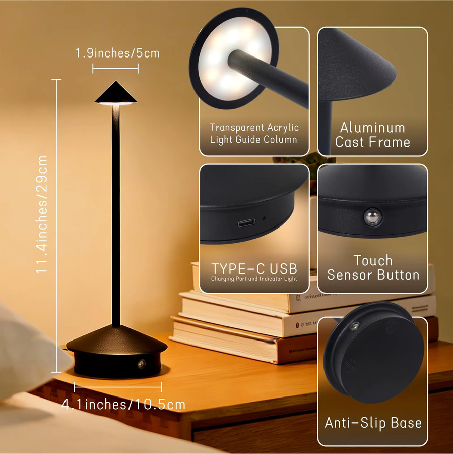 Wiederaufladbare LED-Tischlampe mit Berührungssensor und 3 Farbmodi für modernes Ambientlicht und Schlafzimmer, Metall - Bild 2